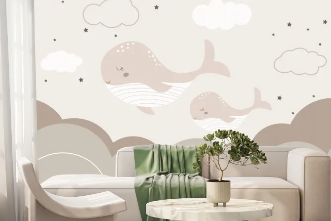 Fototapeta: Wieloryby na niebie z gwiazdami i chmurami bajkowy wzór