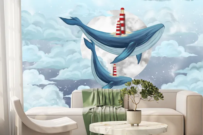 Fototapeta: Wieloryby pływające po niebie wśród chmur