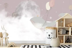 Fototapeta: Wieloryby z balonami na tle chmur księżyca i gwiazd