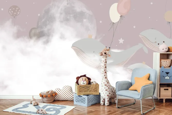 Fototapeta: Wieloryby z balonami na tle chmur księżyca i gwiazd