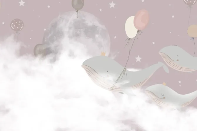 Fototapeta: Wieloryby z balonami na tle chmur księżyca i gwiazd