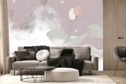 Fototapeta: Wieloryby z balonami na tle chmur księżyca i gwiazd