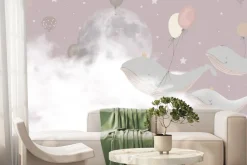 Fototapeta: Wieloryby z balonami na tle chmur księżyca i gwiazd