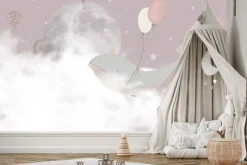 Fototapeta: Wieloryby z balonami na tle różowego nieba