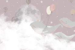 Fototapeta: Wieloryby z balonami na tle różowego nieba