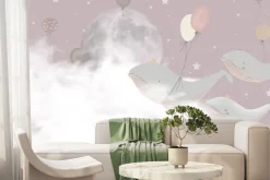 Fototapeta: Wieloryby z balonami na tle różowego nieba