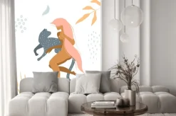 Fototapeta: Wild cat and naked woman laying down in nature apparel print