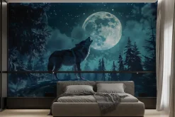 Fototapeta: Wilk na zboczu góry wśród drzew i pełni księżyca