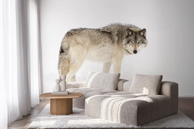 Fototapeta: Wilk stojący na białym śniegu