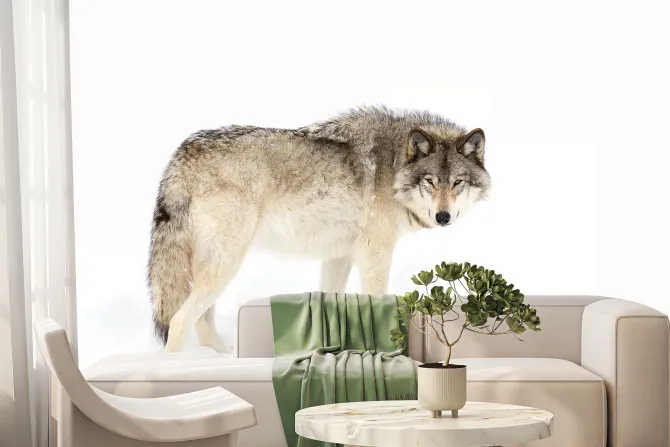 Fototapeta: Wilk stojący na białym śniegu