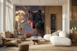 Fototapeta: Wilk wśród roślinności na tle pełni księżyca