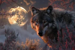 Fototapeta: Wilk wśród roślinności na tle pełni księżyca