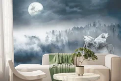 Fototapeta: Wilki na tle lasu przy pełni księżyca