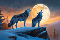 Fototapeta: Wilki na zboczu góry przy pełni księżyca