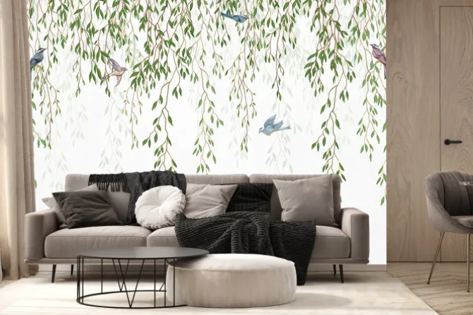 Fototapeta: Wiszące gałęzie wierzby z ptakami