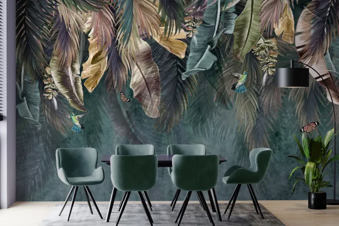 Fototapeta: Wiszące kolorowe liście z ptakami