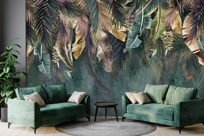 Fototapeta: Wiszące kolorowe liście z ptakami