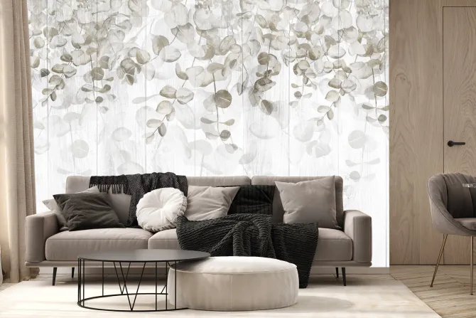 Fototapeta: Wiszące liście na drewnianych deskach