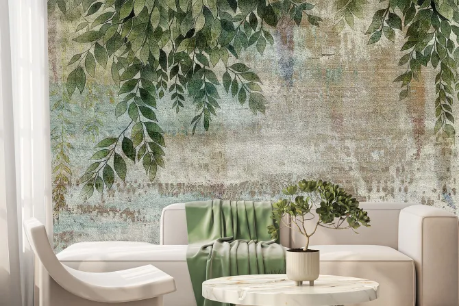 Fototapeta: Wiszące zielone liście na betonie