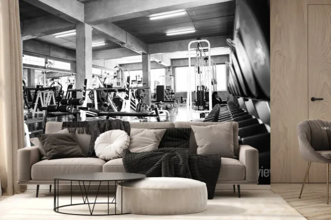 Fototapeta: Within gym with modern fitness equipment.