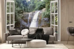 Fototapeta: Wodospad w lesie tropikalnym w ramie okna