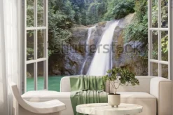 Fototapeta: Wodospad w lesie tropikalnym w ramie okna
