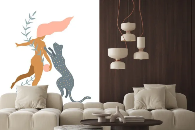 Fototapeta: Woman naked and wild cat minimal silhouette modern art print