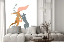 Fototapeta: Woman naked and wild cat minimal silhouette modern art print