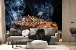 Fototapeta: Wołowina stek na grillu w ogieniu z czarnym tłem