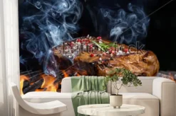 Fototapeta: Wołowina stek na grillu w ogieniu z czarnym tłem