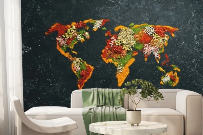 Fototapeta: World map - set of spices and condiments on a black background.