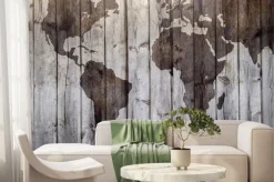 Fototapeta: World map drawn on canvas wood effect