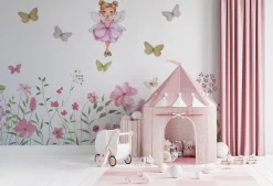 Fototapeta: Wróżka i motyle nad kwiecistą łąką bajkowy wzór dla dzieci