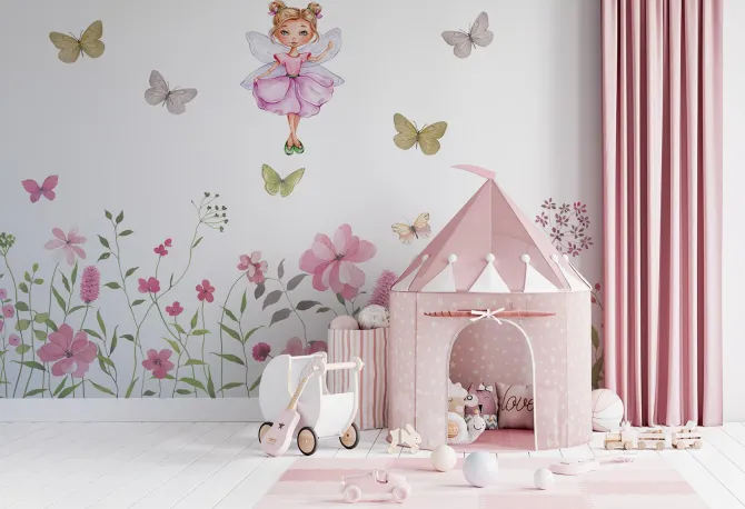 Fototapeta: Wróżka i motyle nad kwiecistą łąką bajkowy wzór dla dzieci