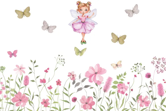 Fototapeta: Wróżka i motyle nad kwiecistą łąką bajkowy wzór dla dzieci