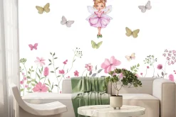 Fototapeta: Wróżka i motyle nad kwiecistą łąką bajkowy wzór dla dzieci