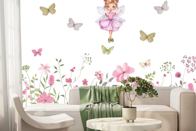 Fototapeta: Wróżka i motyle nad kwiecistą łąką bajkowy wzór dla dzieci