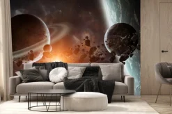 Fototapeta: Wschód słońca nad odległym systemie planeta w przestrzeni 3d