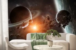 Fototapeta: Wschód słońca nad odległym systemie planeta w przestrzeni 3d