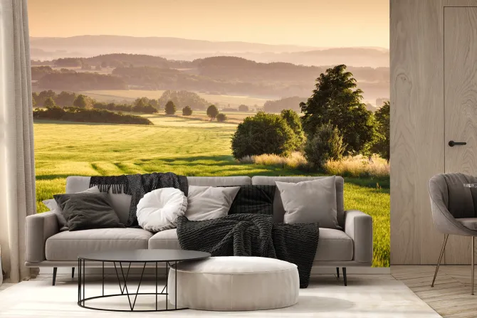 Fototapeta: Wschód słońca przy panoramie wzgórz