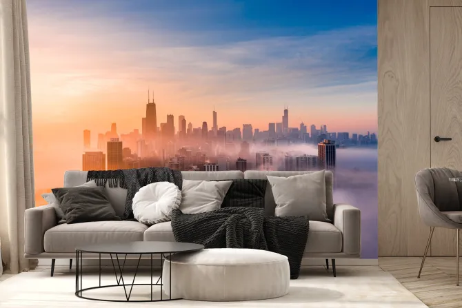 Fototapeta: Wschód słońca w zamglonej metropolii