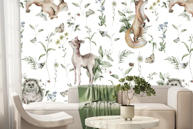 Fototapeta: Wzór dziecięcy z lisami i sarnami