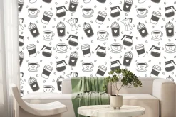 Fototapeta: Wzór kawowy z ziarnami i eleganckimi kubkami