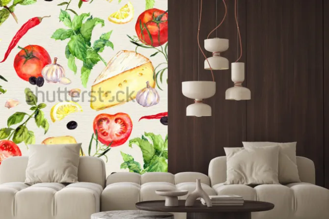 Fototapeta: Wzór kuchenny z serem, pomidorami, czosnkiem, przyprawami i ziołami.