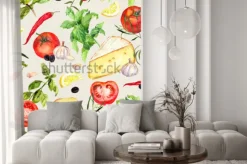 Fototapeta: Wzór kuchenny z serem, pomidorami, czosnkiem, przyprawami i ziołami.