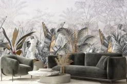 Fototapeta: Wzór z liśćmi tropikalnymi w odcieniach szarości i beżu