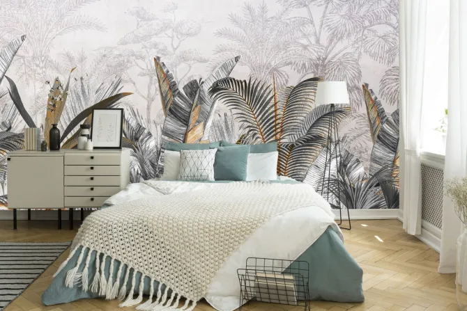 Fototapeta: Wzór z liśćmi tropikalnymi w odcieniach szarości i beżu