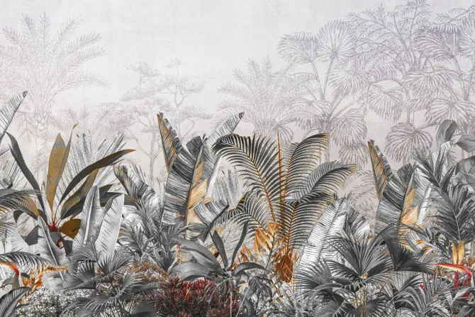Fototapeta: Wzór z liśćmi tropikalnymi w odcieniach szarości i beżu