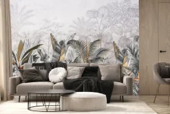 Fototapeta: Wzór z liśćmi tropikalnymi w odcieniach szarości i beżu