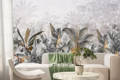 Fototapeta: Wzór z liśćmi tropikalnymi w odcieniach szarości i beżu